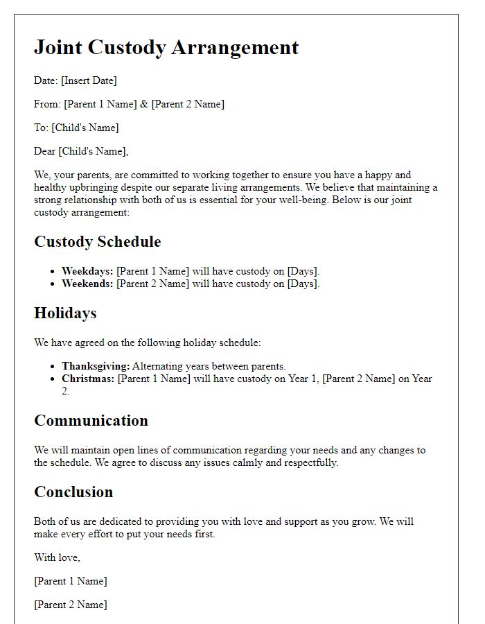 Letter template of joint custody arrangement for parents in collaboration.