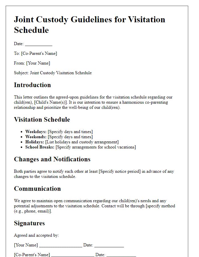 Letter template of joint custody guidelines for visitation schedule.