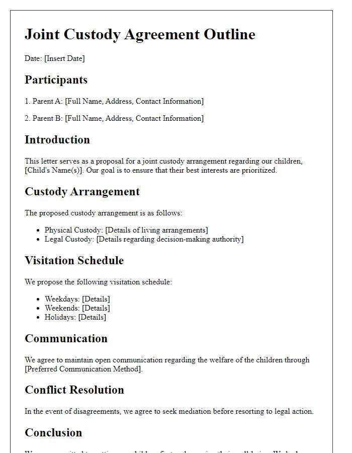 Letter template of joint custody outline for family mediation.