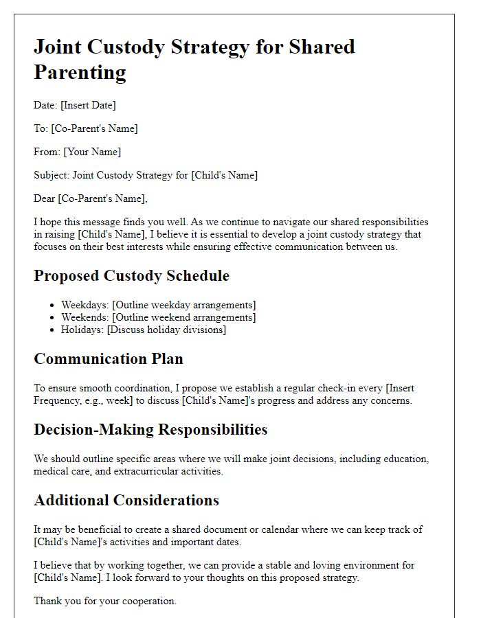 Letter template of joint custody strategy for shared parenting.