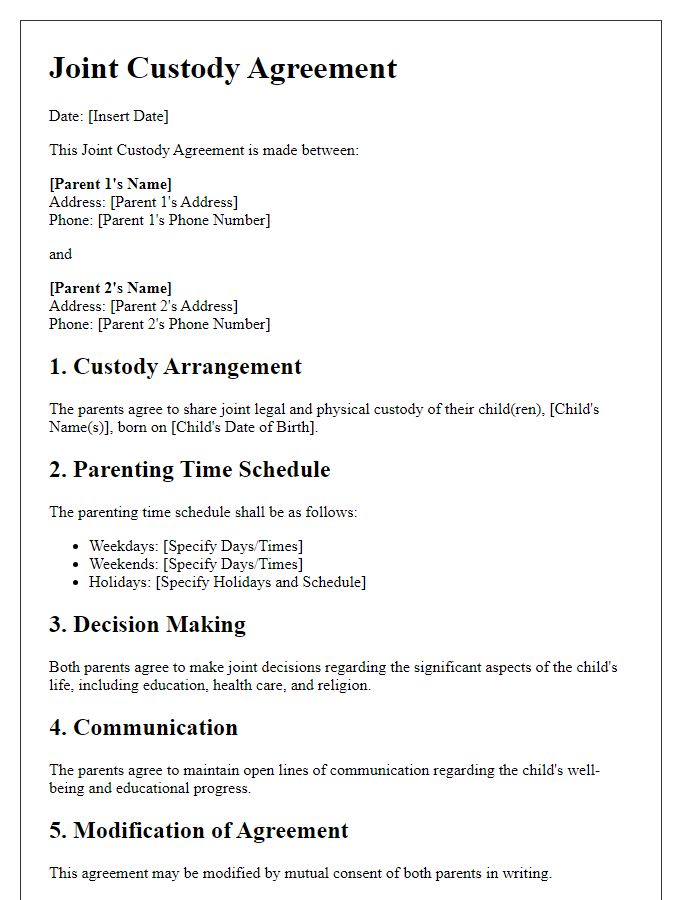 Letter template of joint custody terms for legal documentation.