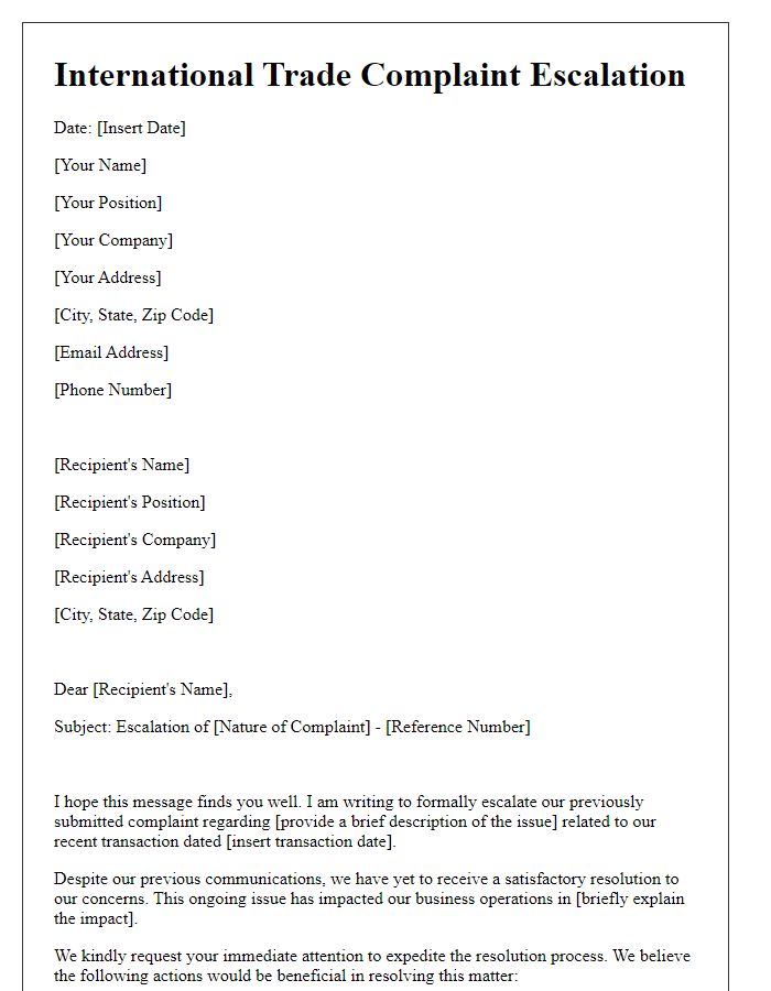 Letter template of international trade complaint escalation