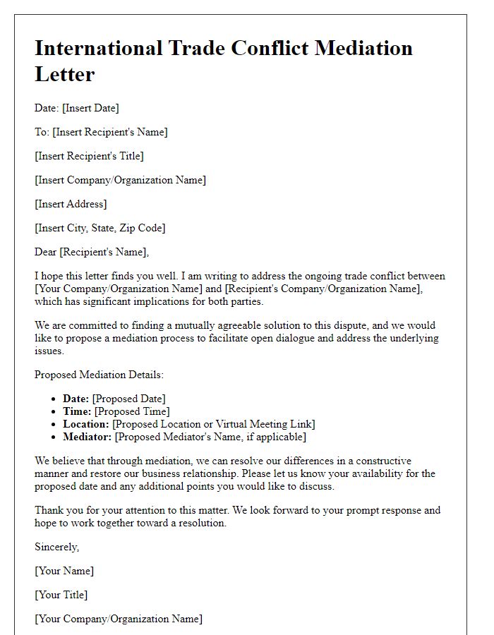 Letter template of international trade conflict mediation