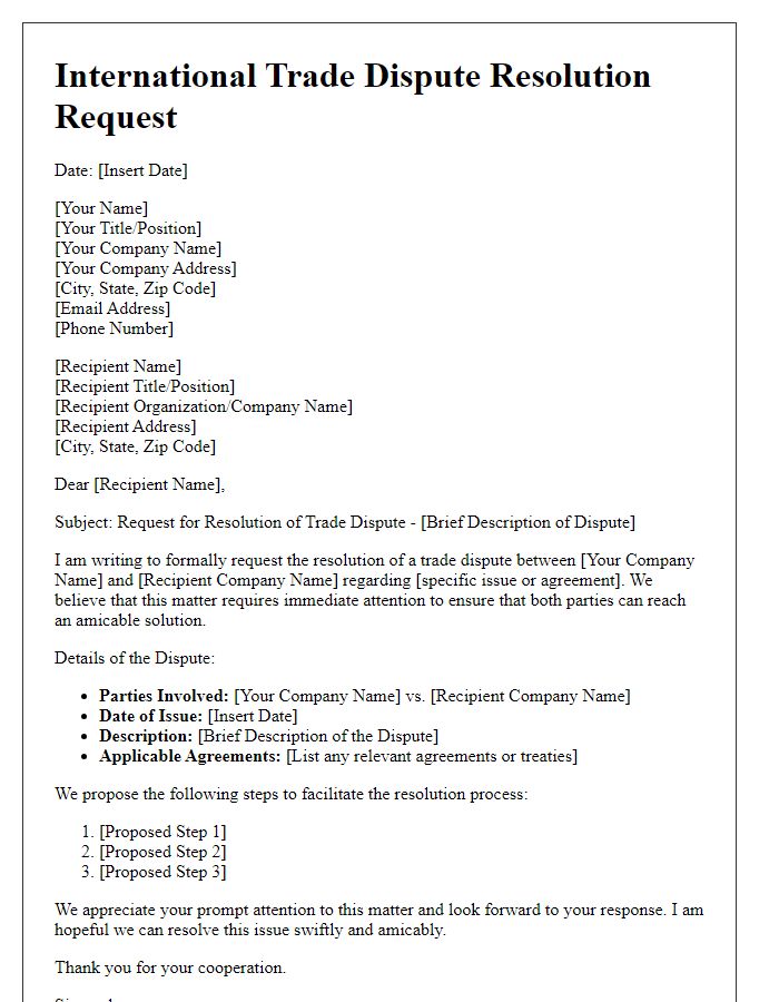 Letter template of international trade dispute resolution request