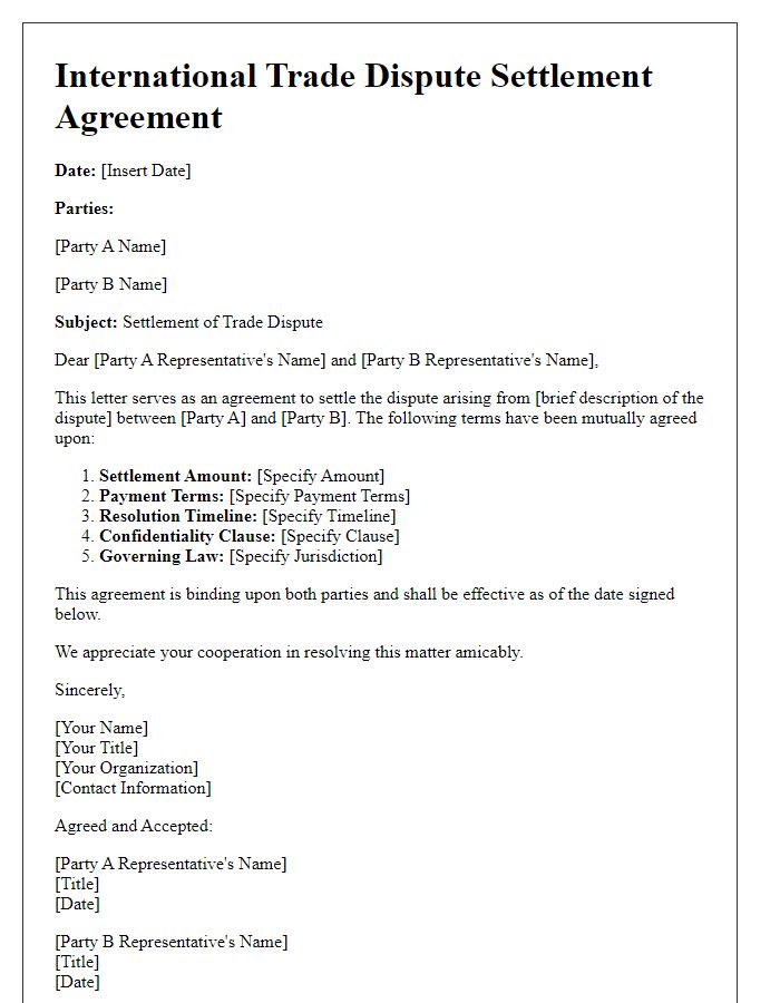 Letter template of international trade dispute settlement agreement