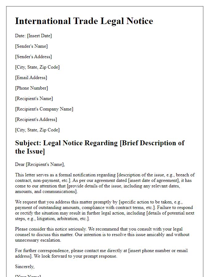 Letter template of international trade legal notice