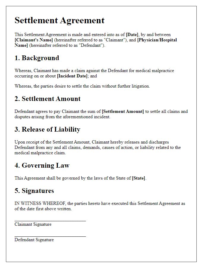 Letter template of medical malpractice claim settlement agreement