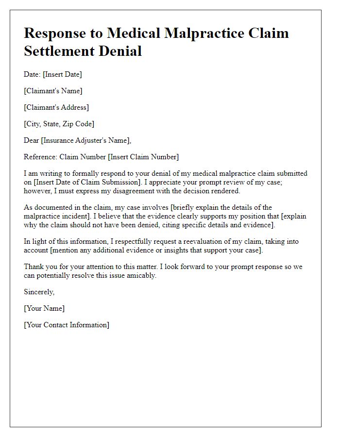 Letter template of medical malpractice claim settlement denial response