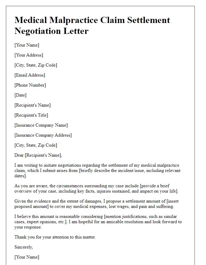 Letter template of medical malpractice claim settlement negotiation