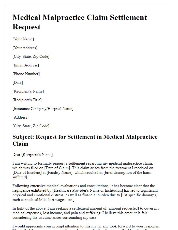 Letter template of medical malpractice claim settlement request