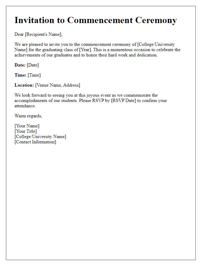 Letter template of college invitation for commencement ceremony