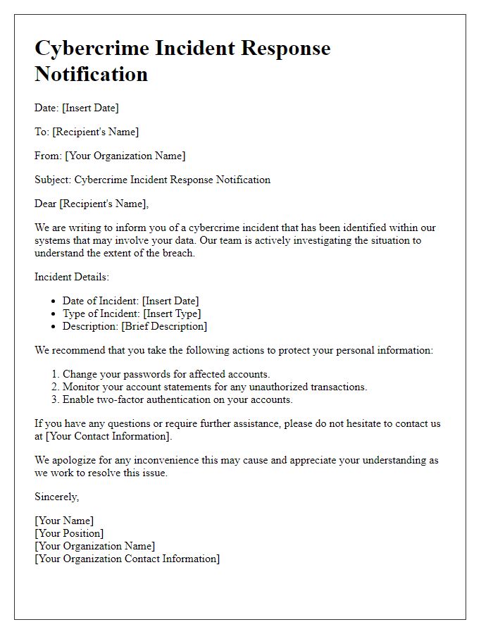 Letter template of Cybercrime Incident Response Notification