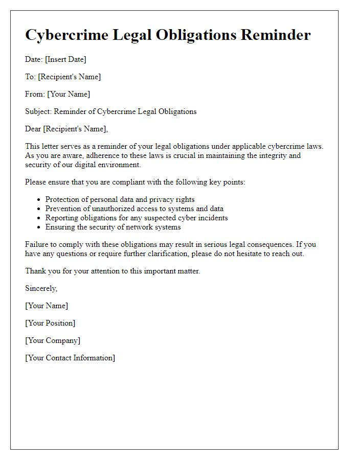 Letter template of Cybercrime Legal Obligations Reminder