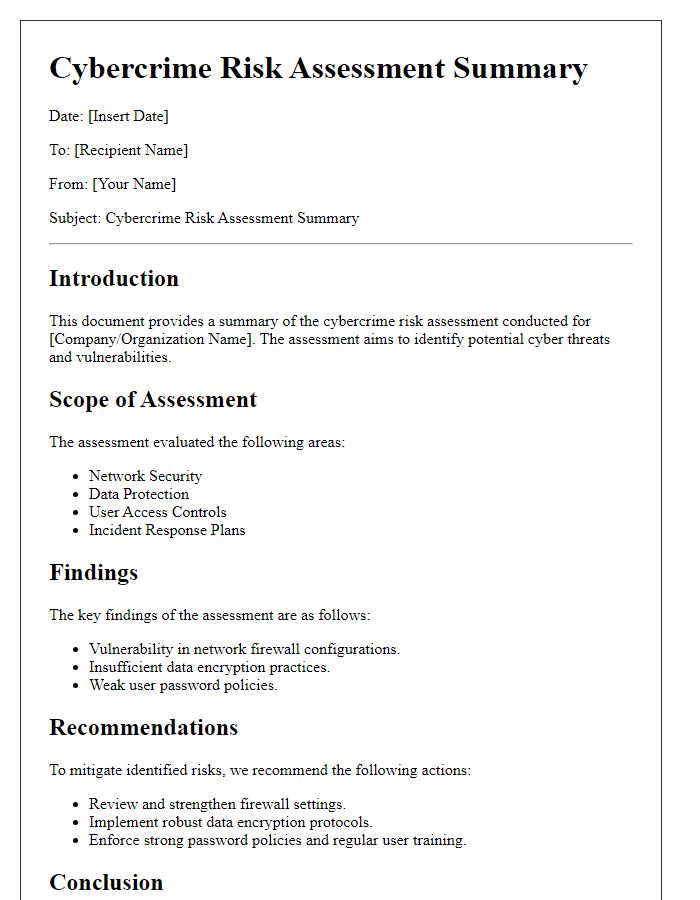 Letter template of Cybercrime Risk Assessment Summary