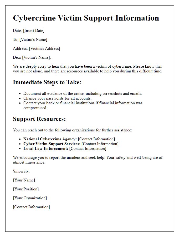 Letter template of Cybercrime Victim Support Information