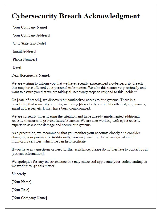 Letter template of Cybersecurity Breach Acknowledgment