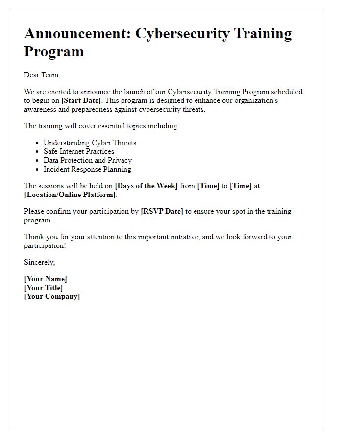 Letter template of Cybersecurity Training Program Announcement