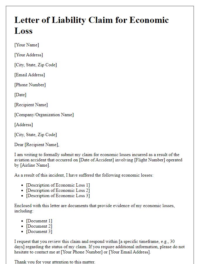 Letter template of aviation accident liability claim for economic loss.