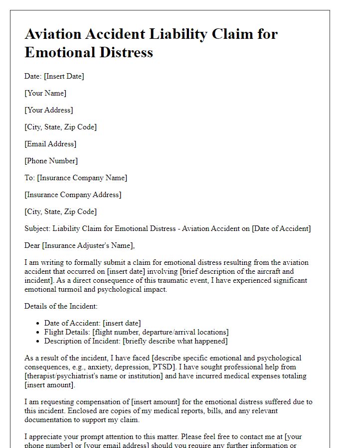 Letter template of aviation accident liability claim for emotional distress.