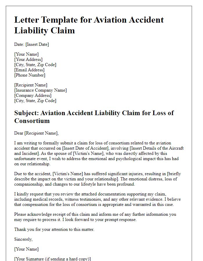 Letter template of aviation accident liability claim for loss of consortium.