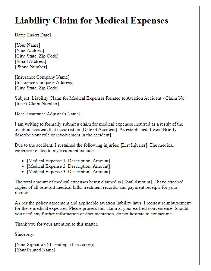 Letter template of aviation accident liability claim for medical expenses.