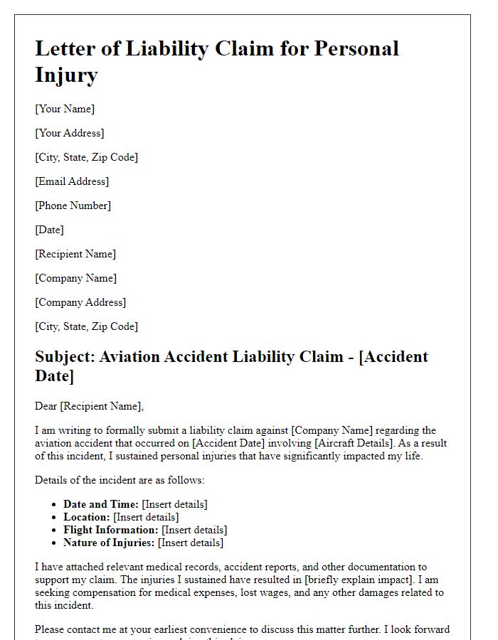 Letter template of aviation accident liability claim for personal injury.