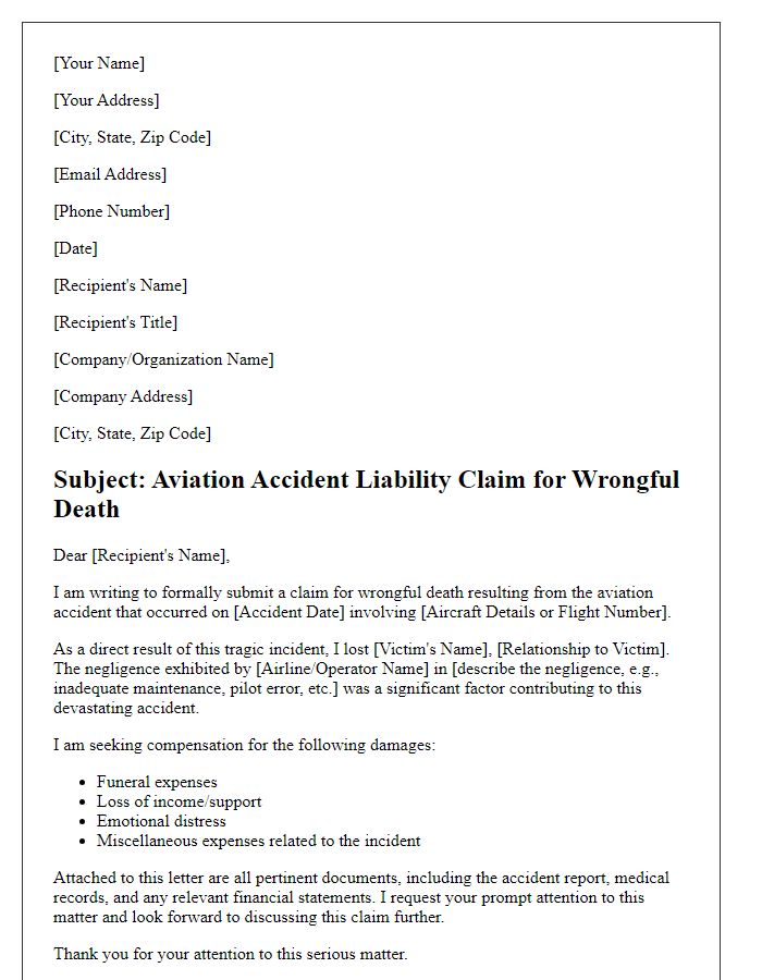 Letter template of aviation accident liability claim for wrongful death.