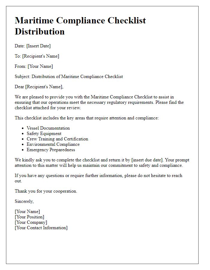 Letter template of maritime compliance checklist distribution