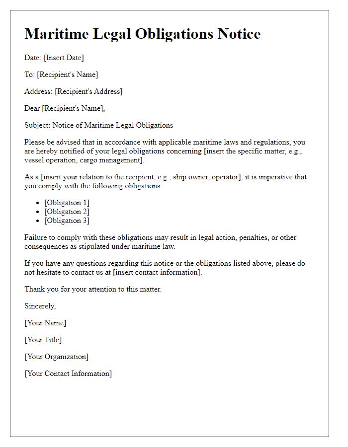 Letter template of maritime legal obligations notice