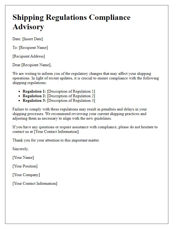 Letter template of shipping regulations compliance advisory