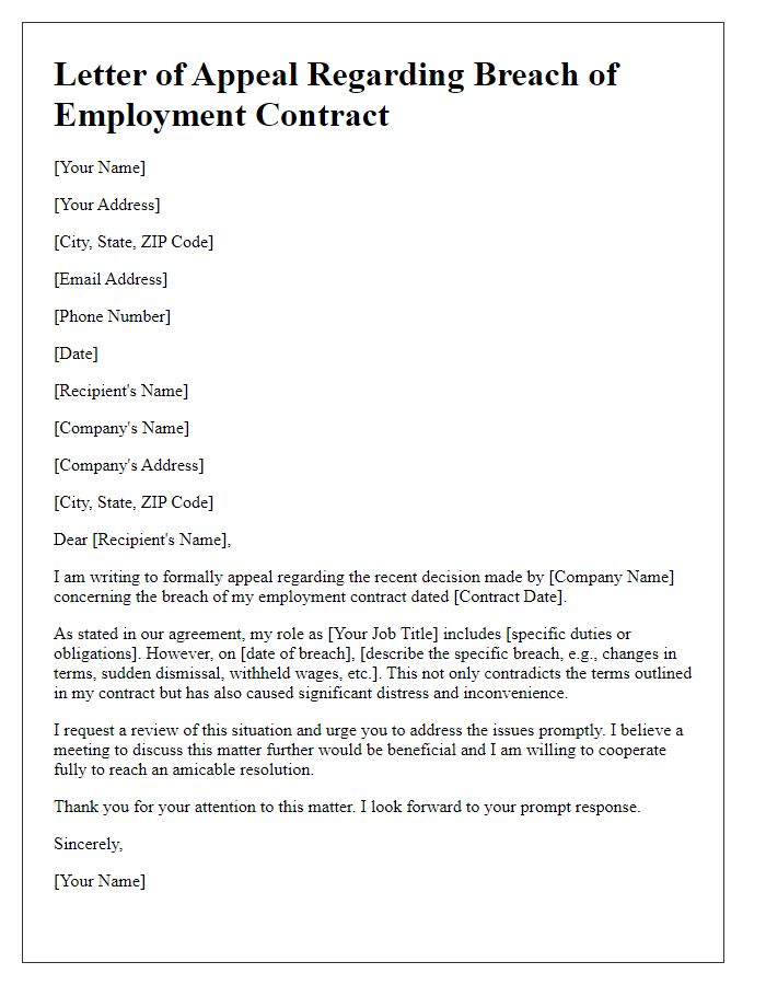 Letter template of appeal regarding breach of employment contract