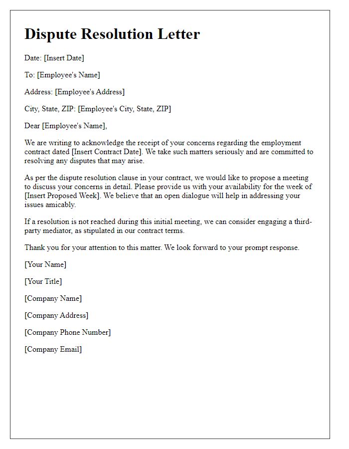 Letter template of employment contract dispute resolution