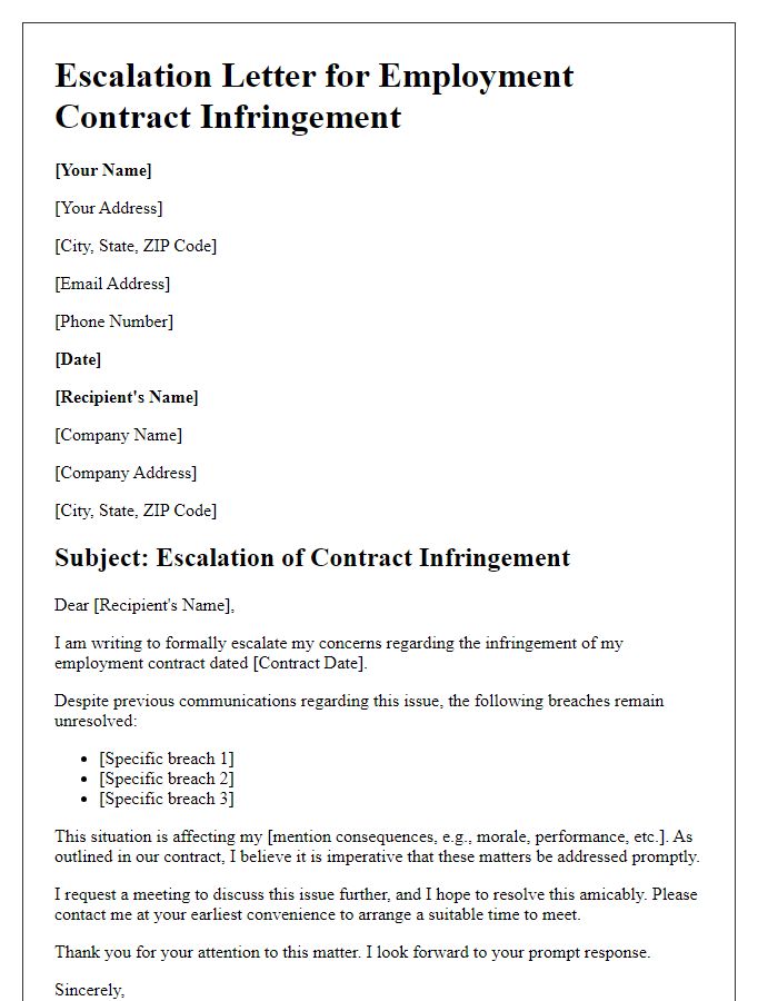 Letter template of escalation for employment contract infringement