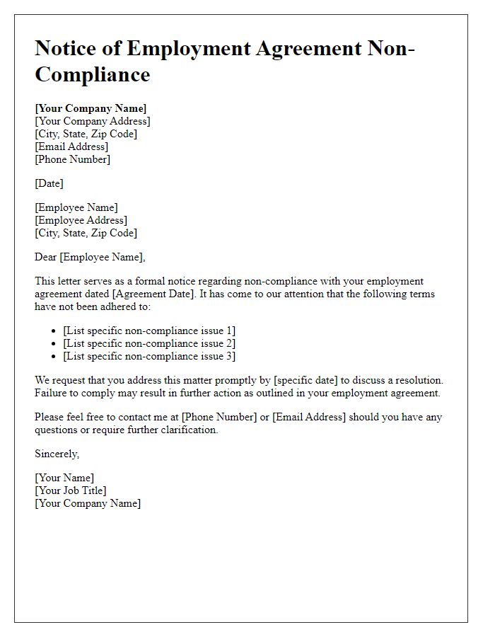 Letter template of notice of employment agreement non-compliance