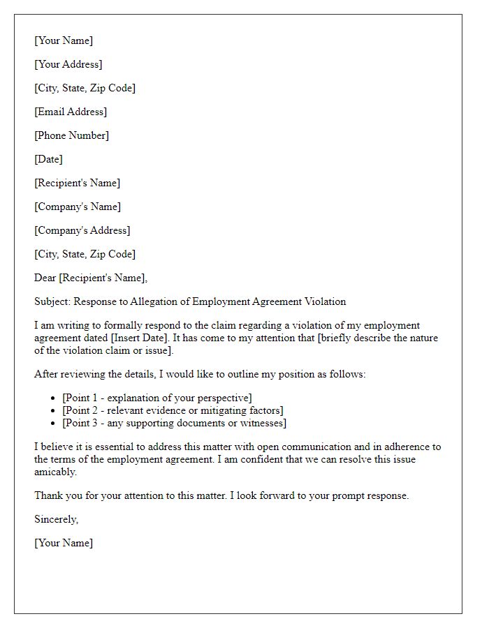 Letter template of response to employment agreement violation