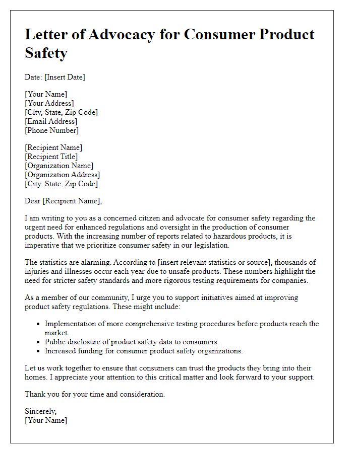 Letter template of advocacy for consumer product safety