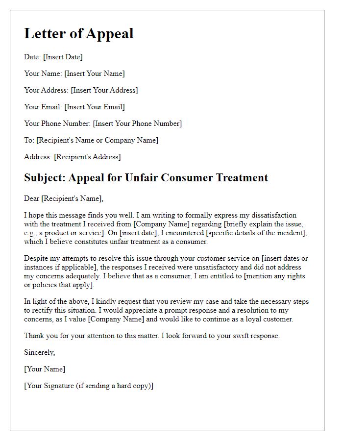 Letter template of appeal for unfair consumer treatment