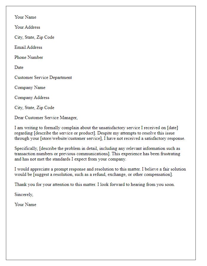 Letter template of complaint regarding consumer services