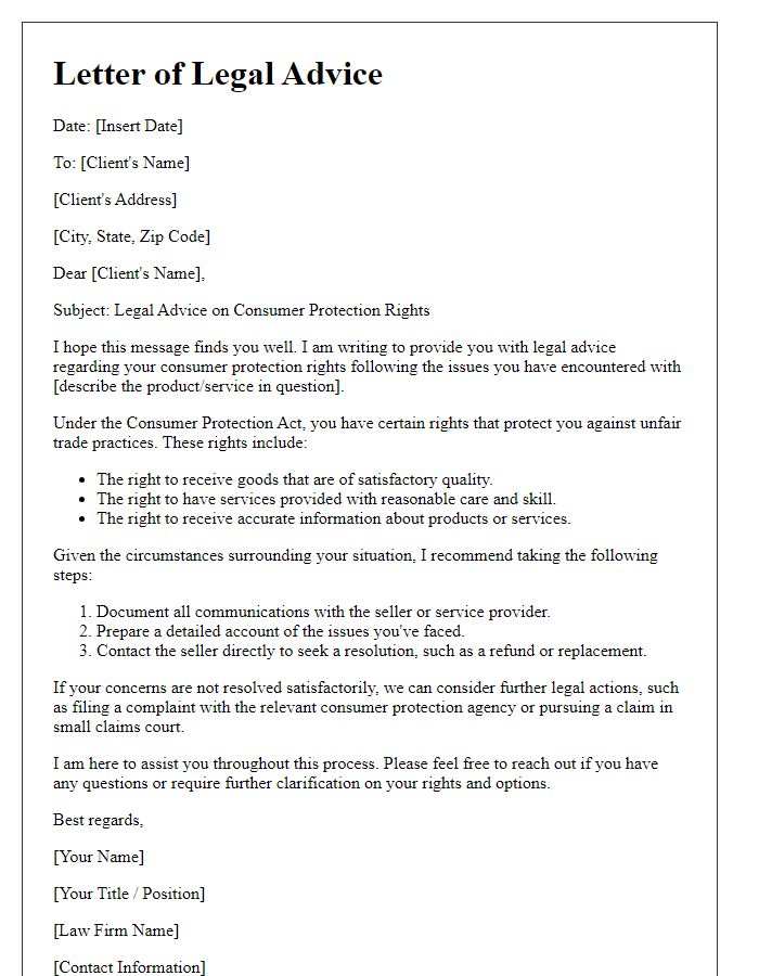 Letter template of legal advice on consumer protection rights