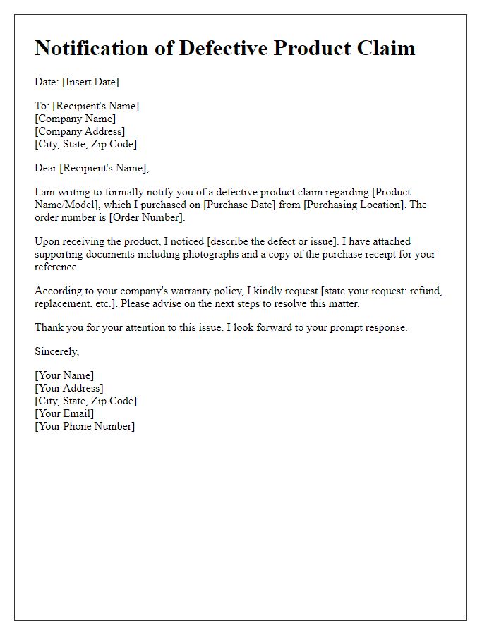 Letter template of notification for defective product claims