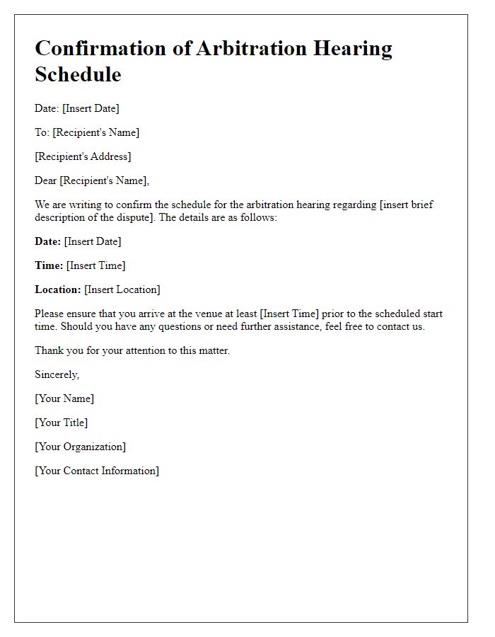 Letter template of confirmation of arbitration hearing schedule
