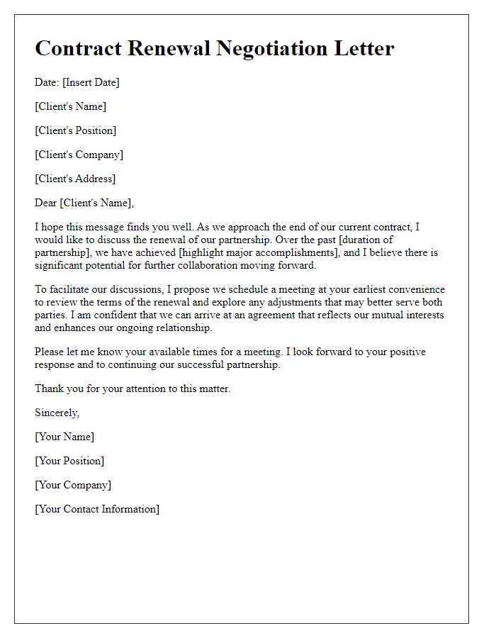 Letter template of client contract renewal negotiation.