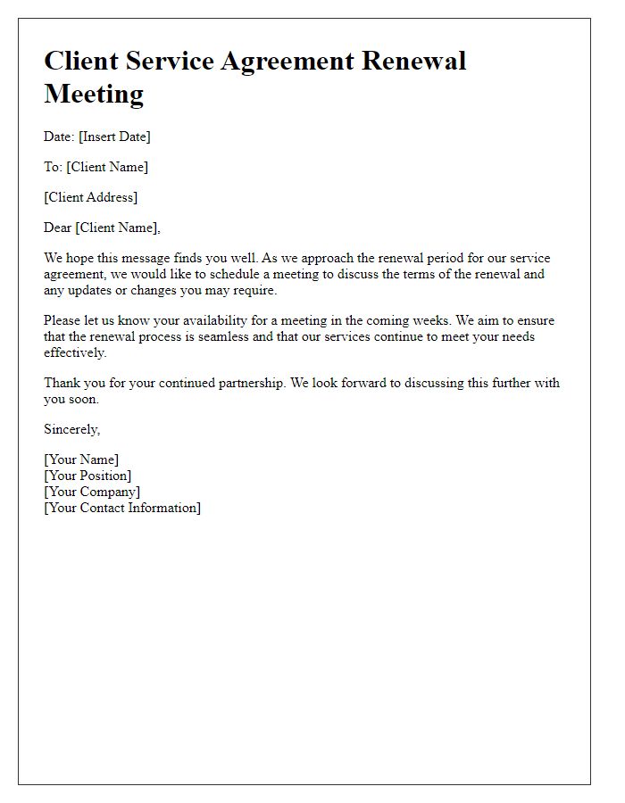 Letter template of client service agreement renewal meeting.