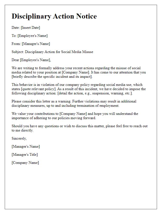 Letter template of disciplinary action for social media misuse