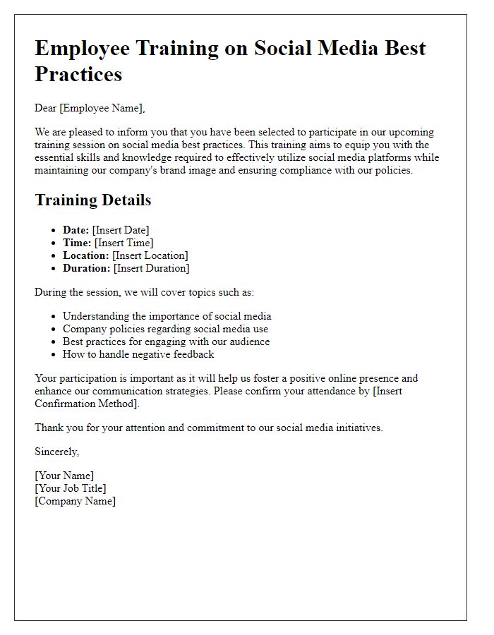 Letter template of employee training on social media best practices