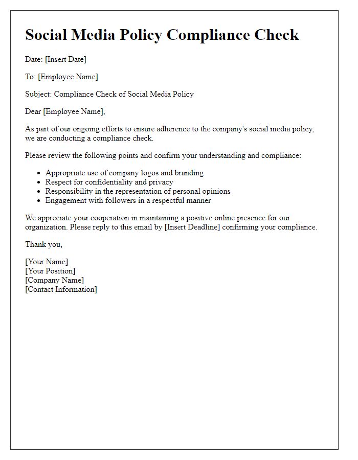 Letter template of social media policy compliance check