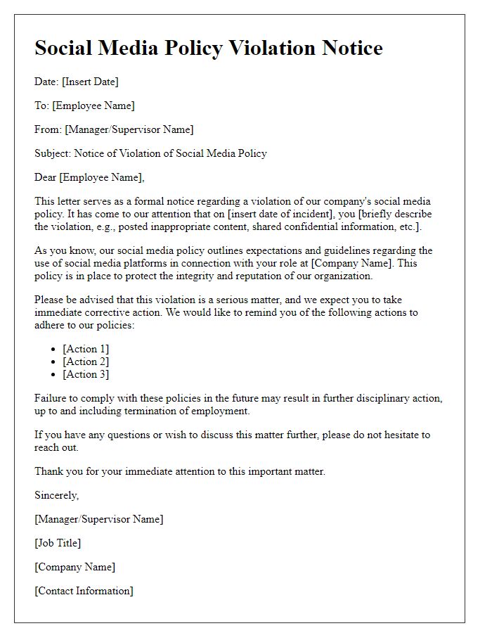 Letter template of social media policy violation notice