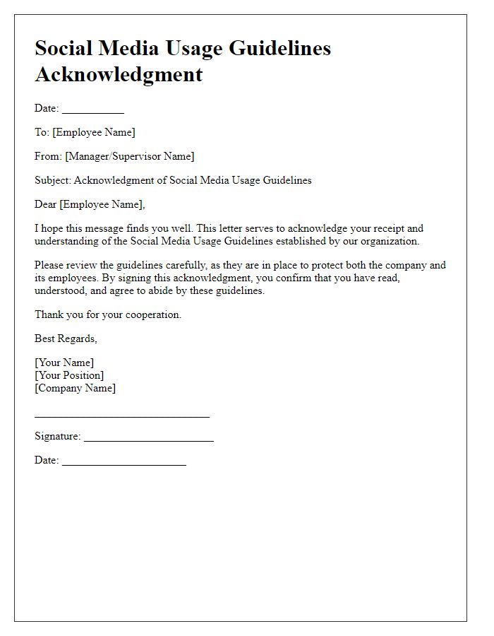 Letter template of social media usage guidelines acknowledgment