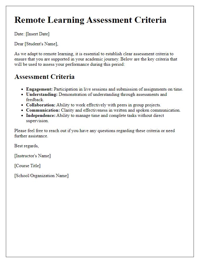 Letter template of remote learning assessment criteria.