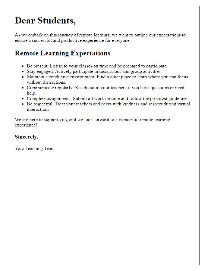 Letter template of remote learning expectations for students.